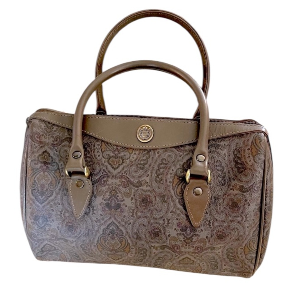 Liz Claiborne Vintage Satchel Grey Taupe Paisley Leather Trim Bag Purse